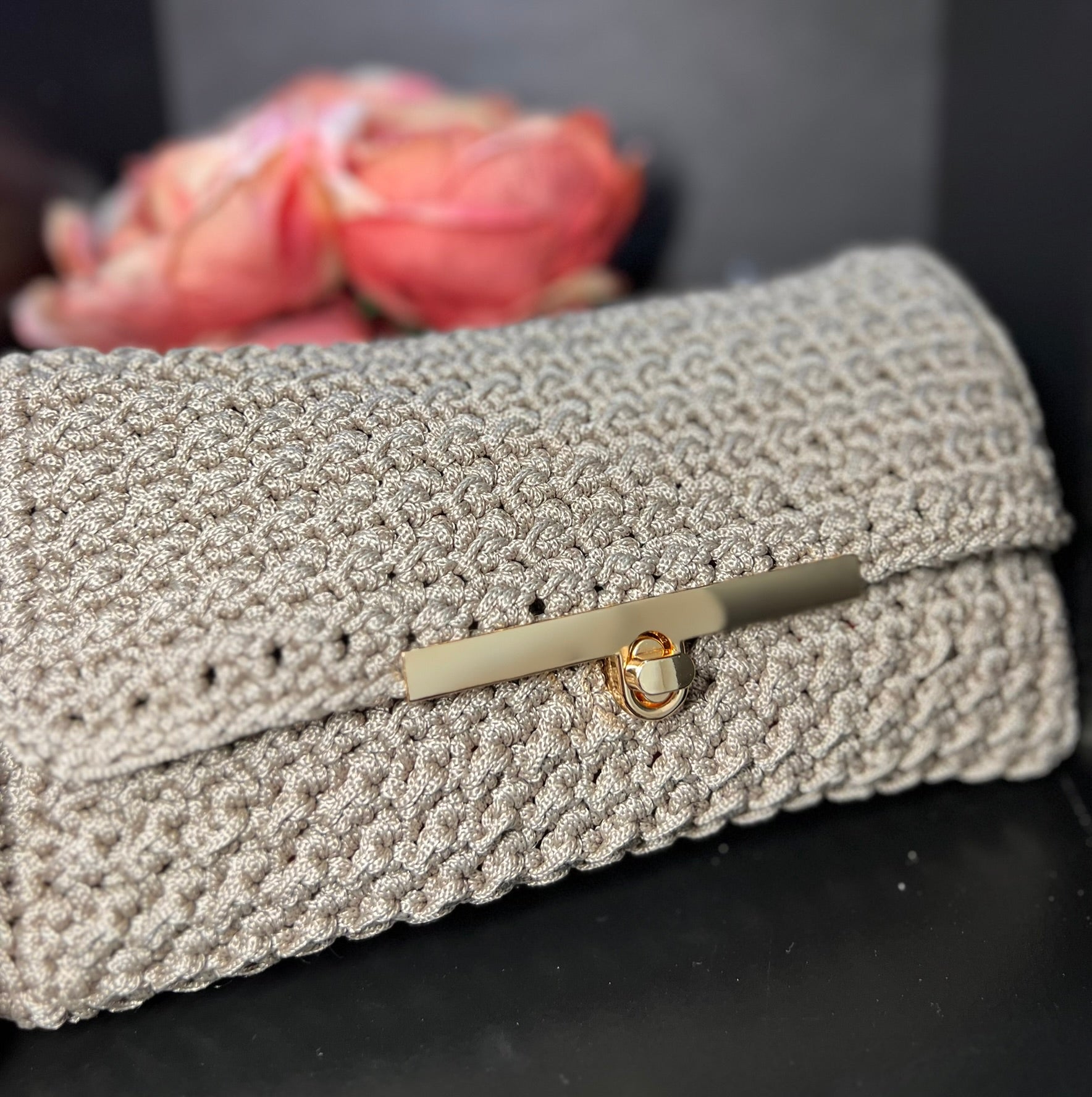 Beige Macrame Clutch with Gold Closure