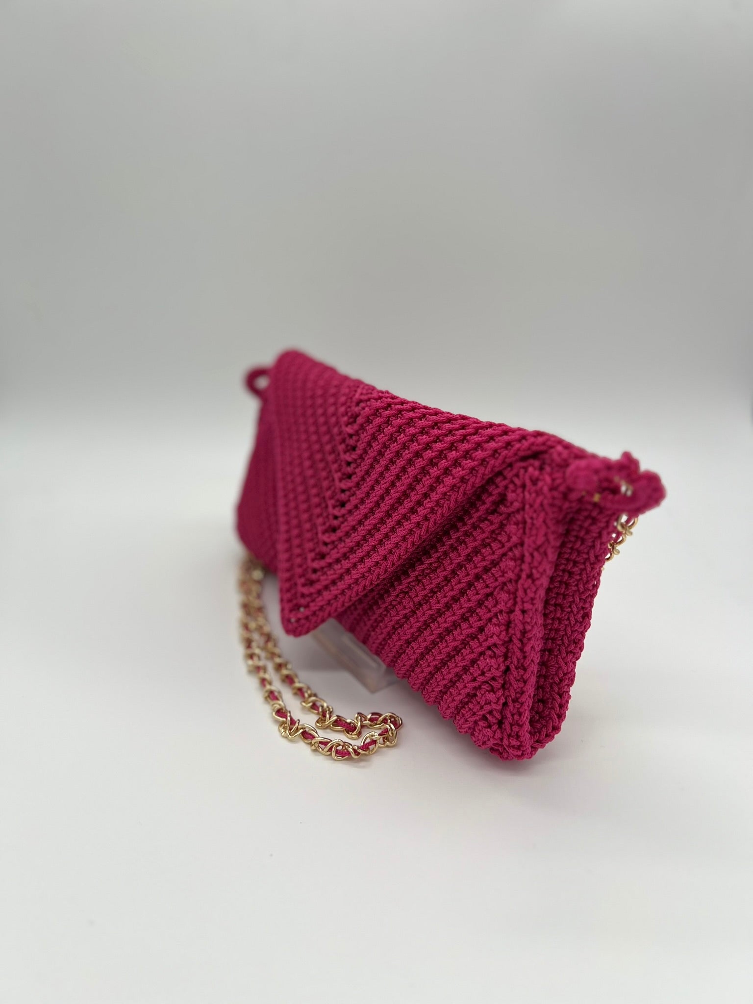 Pink Macrame Crossbody Bag with Gold Chain Strap
