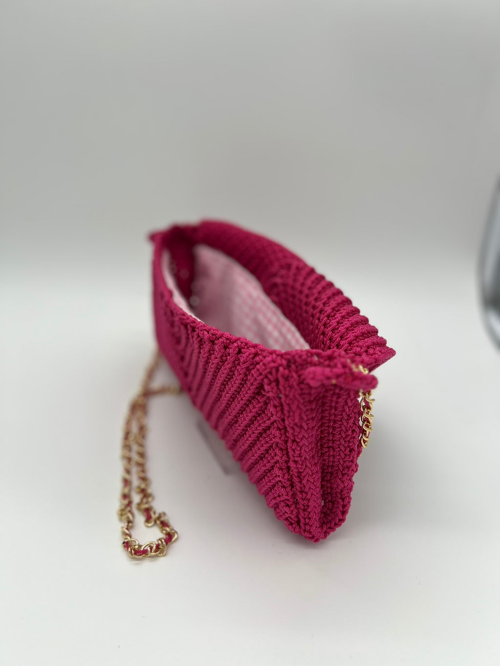 Pink Macrame Crossbody Bag with Gold Chain Strap
