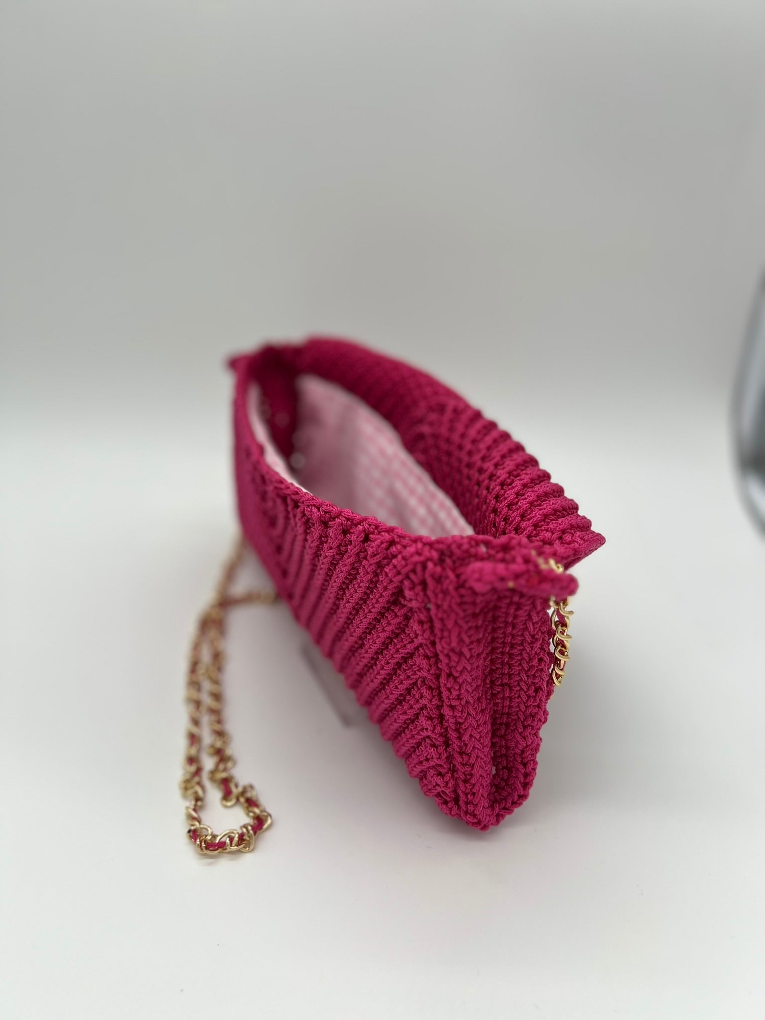 Pink Macrame Crossbody Bag with Gold Chain Strap