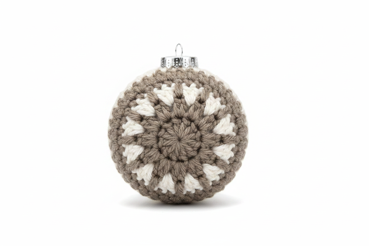 Crocheted ornament in taupe and cream yarn